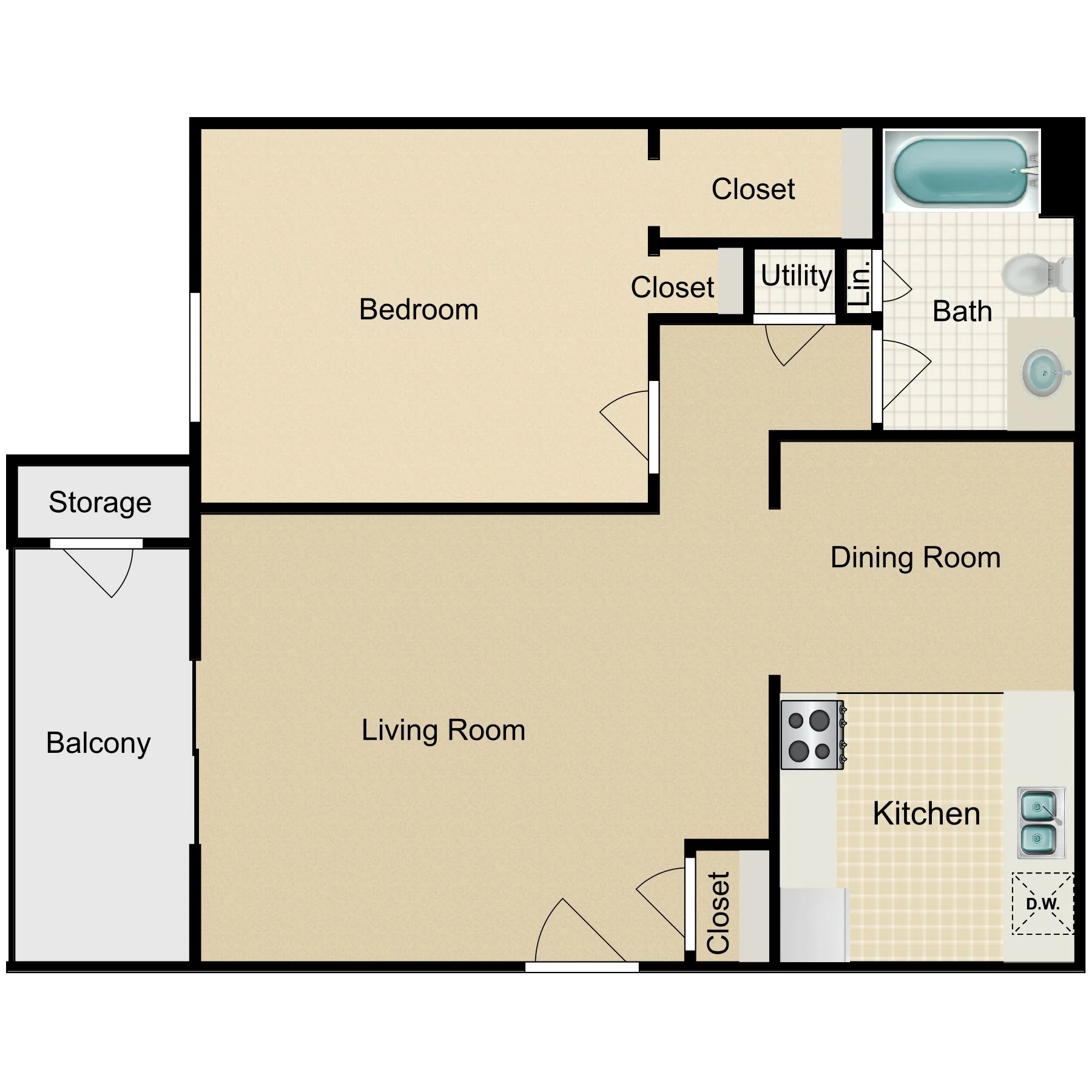 The Elmwood, one bedroom floor plan